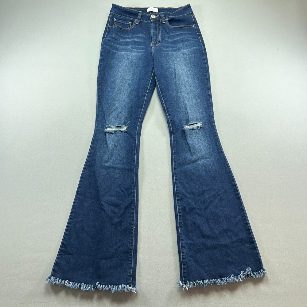 YMI Flared Jeans Womens 5/27 Blue Denim Cotton Mid Rise Distressed Frayed Hem